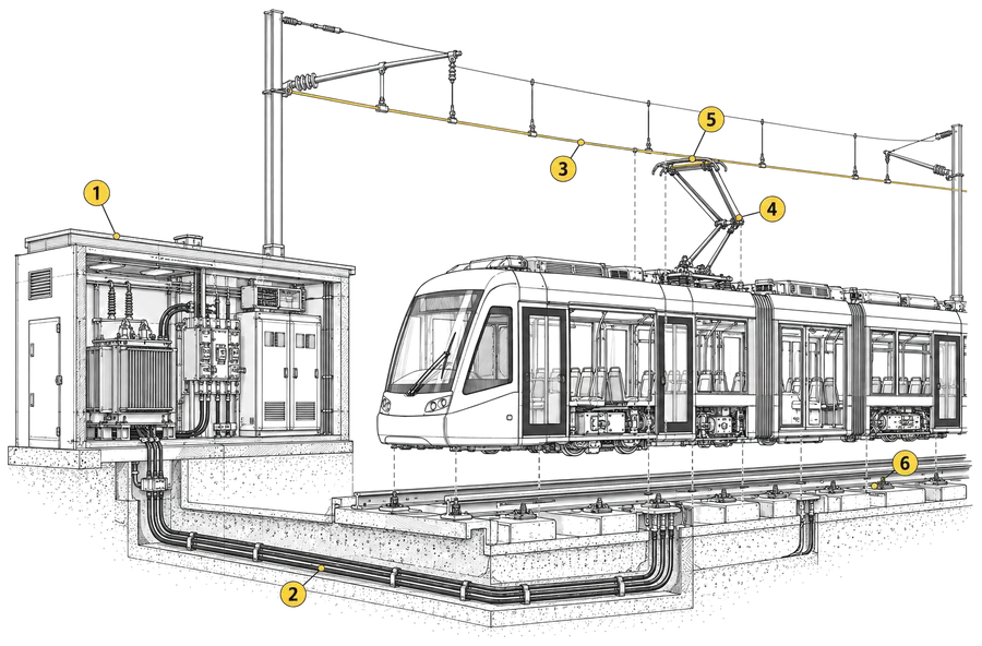 Rysunek w rozłożeniu: Zasilanie tramwaju, 6 części